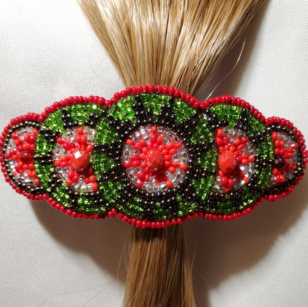 Hand Beaded Circles Barrette: Green & Orange